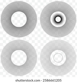 Radial circle lines. Circular lines elements. Symbol of Sun star rays. Flat design elements. Spokes with radiating stripes. Abstract illusion geometric shapes. EPS 10.