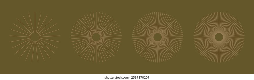 Radial circle lines. Circular lines elements. Symbol of Sun star rays. Spokes with radiating stripes. Abstract illusion geometric shapes. Mocha mousse snowflakes. Flat design elements. Graphic mockup.