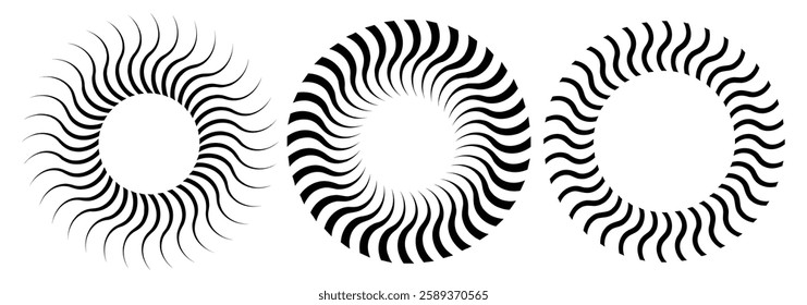Radial circle lines. Circular lines elements. Symbol of Sun star rays. Flat design elements. Ripple radial signal or vibration elements. Vector line and halftone symbols. Design eps 10