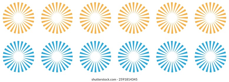 Radial circle lines. Circular lines elements. Symbol of Sun star rays. Flat design elements. Spokes with radiating stripes. Abstract illusion geometric shapes.