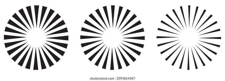 Radial circle lines. Circular lines elements. Symbol of Sun star rays. Flat design elements. Spokes with radiating stripes. Abstract illusion geometric shapes.