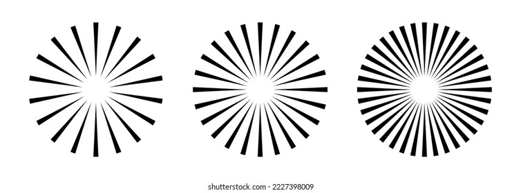 Líneas de círculo radiales. Elemento geométrico de líneas de radiación circular. Símbolo de rayos Sun star. Formas geométricas abstractas. Elemento de diseño. Ilustración vectorial aislada en fondo blanco.