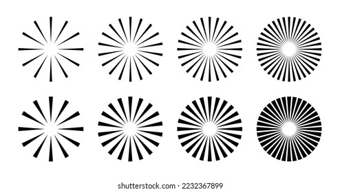 Radial circle lines. Circular radiating lines geometric element. Sun star rays symbol. Abstract geometric shapes. Design element. Vector illustration isolated on white background.