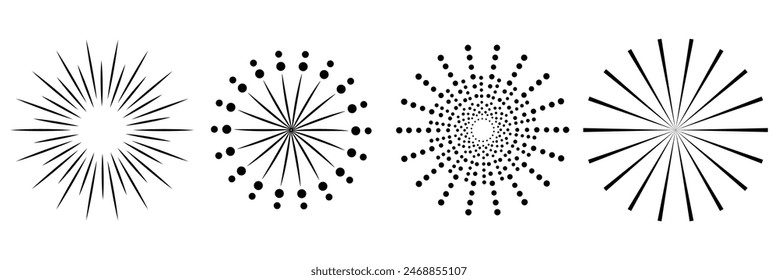 Radial circle lines. Circular radiating lines geometric element. Sun star rays symbol. Abstract geometric shapes. Design element. Vector illustration isolated on white background. EPS 10