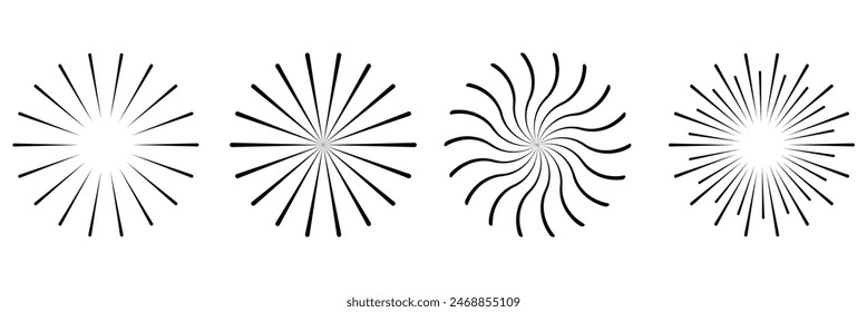 Radial circle lines. Circular radiating lines geometric element. Sun star rays symbol. Abstract geometric shapes. Design element. Vector illustration isolated on white background. EPS 10
