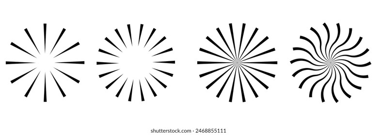 Radial circle lines. Circular radiating lines geometric element. Sun star rays symbol. Abstract geometric shapes. Design element. Vector illustration isolated on white background. EPS 10