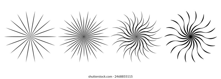 Radial circle lines. Circular radiating lines geometric element. Sun star rays symbol. Abstract geometric shapes. Design element. Vector illustration isolated on white background. EPS 10
