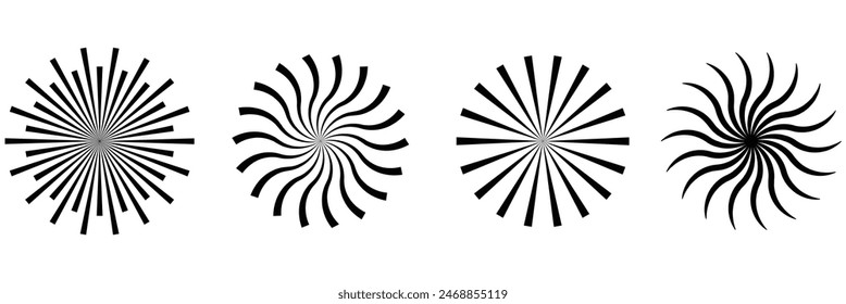 Radial circle lines. Circular radiating lines geometric element. Sun star rays symbol. Abstract geometric shapes. Design element. Vector illustration isolated on white background. EPS 10