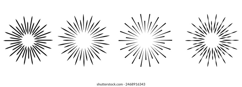 Radial circle lines. Circular radiating lines geometric element. Sun star rays symbol. Abstract geometric shapes. Design element. Vector illustration isolated on white background. EPS 10