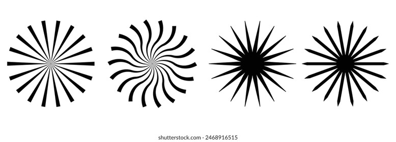 Radial circle lines. Circular radiating lines geometric element. Sun star rays symbol. Abstract geometric shapes. Design element. Vector illustration isolated on white background. EPS 10