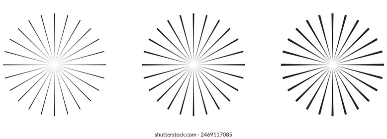 Radial circle lines. Circular radiating lines geometric element. Sun star rays symbol. Abstract geometric shapes. Design element. Vector illustration isolated on white background.