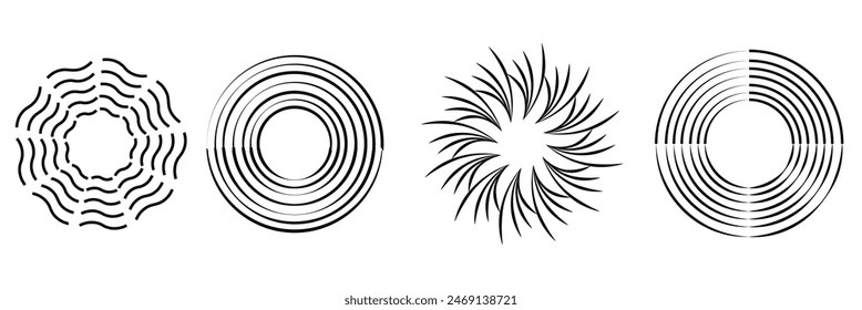  Líneas de círculo radial. Elemento geométrico de líneas radiantes circulares. Símbolo de los rayos solares. Formas geométricas Abstractas. Elemento de diseño. Ilustración vectorial aislada sobre fondo blanco. EPS 10