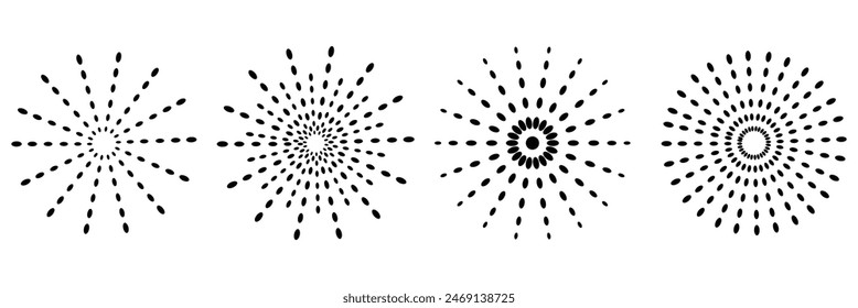  Radial circle lines. Circular radiating lines geometric element. Sun star rays symbol. Abstract geometric shapes. Design element. Vector illustration isolated on white background. EPS 10