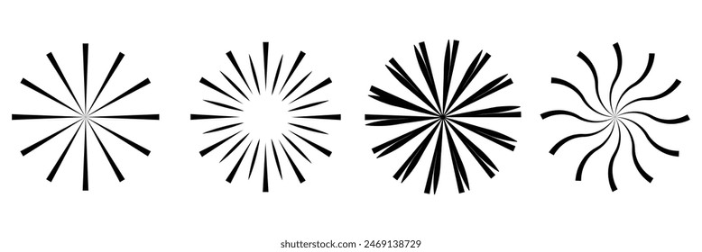  Líneas de círculo radial. Elemento geométrico de líneas radiantes circulares. Símbolo de los rayos solares. Formas geométricas Abstractas. Elemento de diseño. Ilustración vectorial aislada sobre fondo blanco. EPS 10
