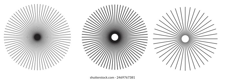 Líneas de círculo radial. Elemento geométrico de líneas radiantes circulares. Símbolo de los rayos solares. Formas geométricas Abstractas. Elemento de diseño. Ilustración vectorial aislada sobre fondo blanco.