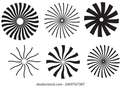Líneas de círculo radial. Elemento geométrico de líneas radiantes circulares. Símbolo de los rayos solares. Formas geométricas Abstractas. Elemento de diseño. Ilustración vectorial aislada sobre fondo blanco.