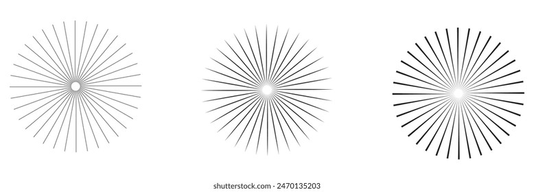 Radial circle lines. Circular radiating lines geometric element. Sun star rays symbol