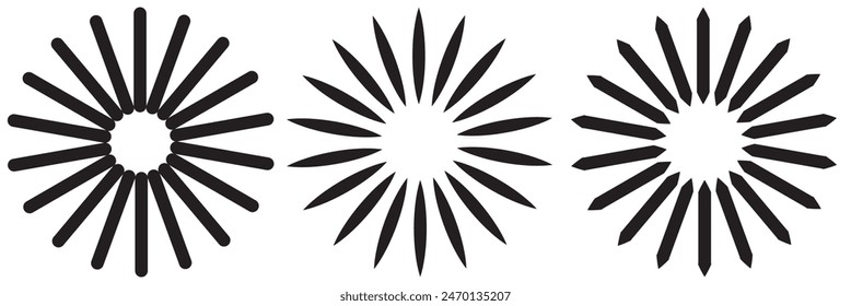 Radial circle lines. Circular radiating lines geometric element. Sun star rays symbol
