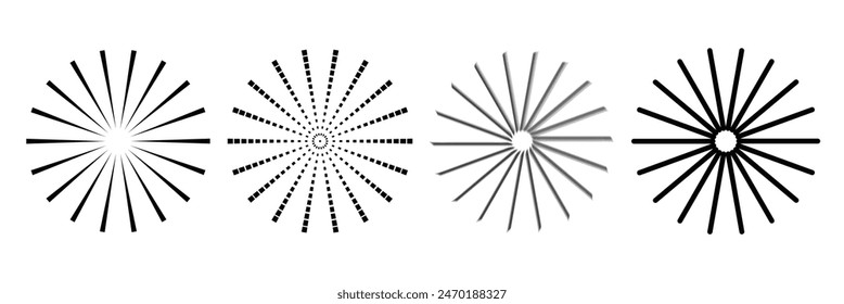 Radial circle lines. Circular radiating lines geometric element. Sun star rays symbol. Abstract geometric shapes. Design element. Vector illustration isolated on white background. radial circle lines.