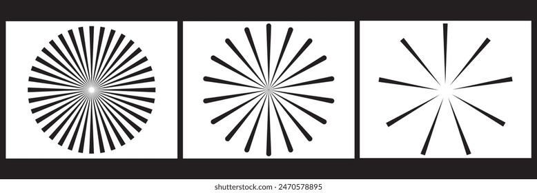 Radial circle lines. Circular radiating lines geometric element. Sun star rays symbol. Abstract geometric shapes. Design element. Vector illustration isolated on white background.