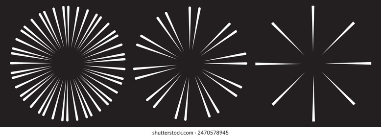 Radial circle lines. Circular radiating lines geometric element. Sun star rays symbol. Abstract geometric shapes. Design element. Vector illustration isolated on white background.
