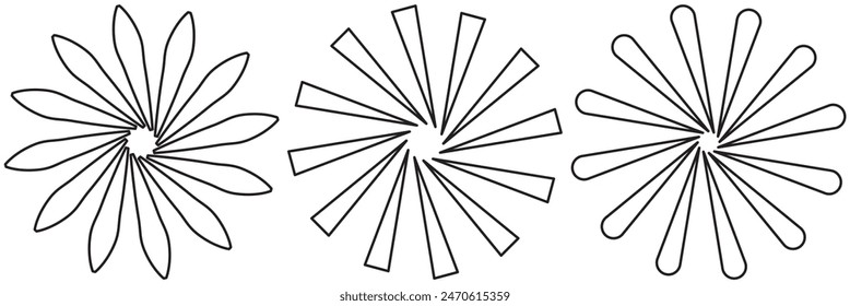 Radiale Kreislinien. Geometrisches Element mit kreisförmigen Abstrahlungslinien. Symbol für Sonnenstrahlen. Abstrakte geometrische Formen. Designelement. Vektorillustration isoliert auf weißem Hintergrund.