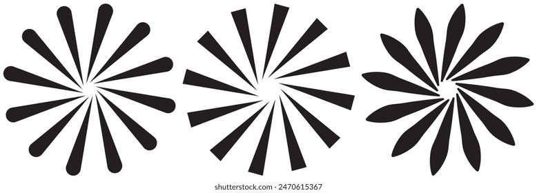 Líneas de círculo radial. Elemento geométrico de líneas radiantes circulares. Símbolo de los rayos solares. Formas geométricas Abstractas. Elemento de diseño. Ilustración vectorial aislada sobre fondo blanco.