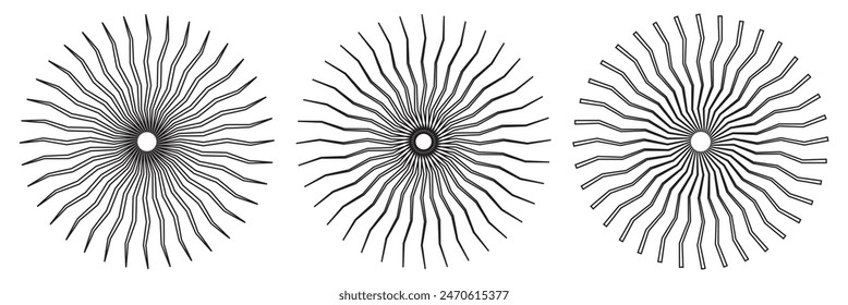 Líneas de círculo radial. Elemento geométrico de líneas radiantes circulares. Símbolo de los rayos solares. Formas geométricas Abstractas. Elemento de diseño. Ilustración vectorial aislada sobre fondo blanco.