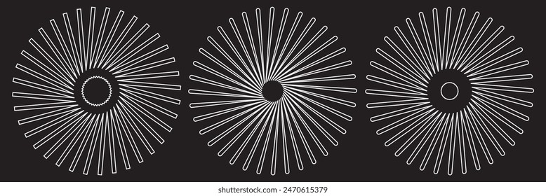 Radiale Kreislinien. Geometrisches Element mit kreisförmigen Abstrahlungslinien. Symbol für Sonnenstrahlen. Abstrakte geometrische Formen. Designelement. Vektorillustration isoliert auf weißem Hintergrund.