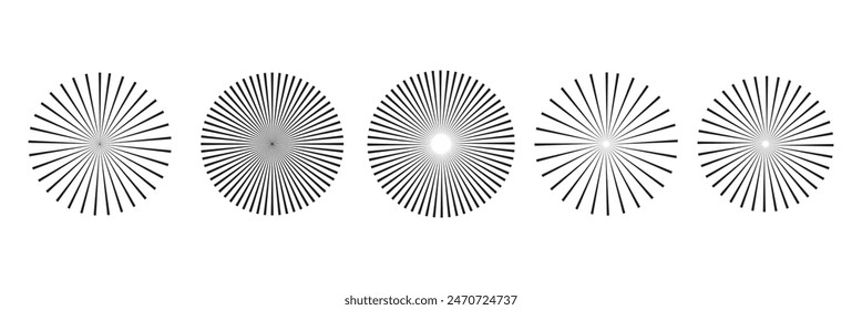 Radial circle lines. Circular radiating lines geometric element. Sun star rays symbol. Abstract geometric shapes. Design element. Vector illustration isolated on white background. radial circle lines.