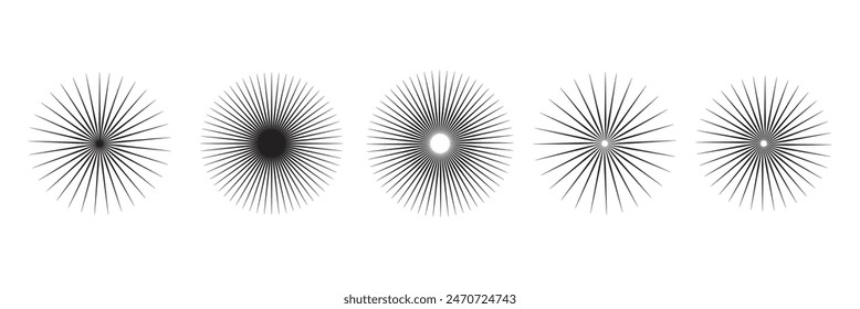 Líneas de círculo radial. Elemento geométrico de líneas radiantes circulares. Símbolo de los rayos solares. Formas geométricas Abstractas. Elemento de diseño. Ilustración vectorial aislada sobre fondo blanco. líneas circulares radiales.