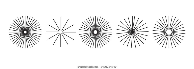 Radial circle lines. Circular radiating lines geometric element. Sun star rays symbol. Abstract geometric shapes. Design element. Vector illustration isolated on white background. radial circle lines.