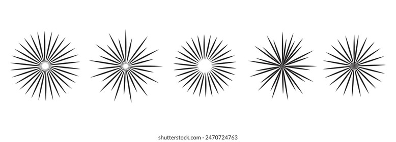 Radial circle lines. Circular radiating lines geometric element. Sun star rays symbol. Abstract geometric shapes. Design element. Vector illustration isolated on white background. radial circle lines.
