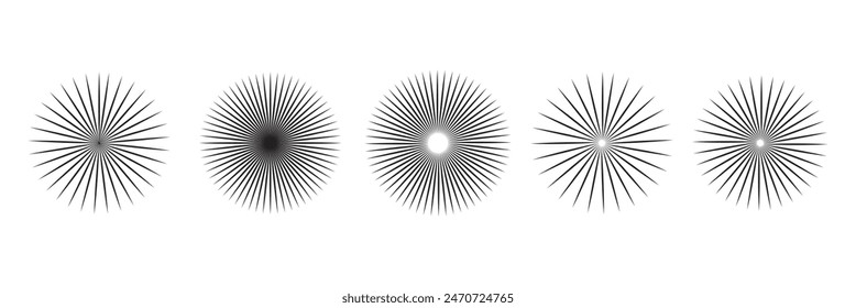 Líneas de círculo radial. Elemento geométrico de líneas radiantes circulares. Símbolo de los rayos solares. Formas geométricas Abstractas. Elemento de diseño. Ilustración vectorial aislada sobre fondo blanco. líneas circulares radiales.