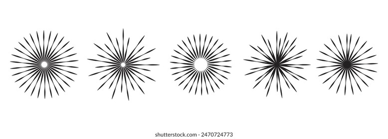 Radial circle lines. Circular radiating lines geometric element. Sun star rays symbol. Abstract geometric shapes. Design element. Vector illustration isolated on white background. radial circle lines.