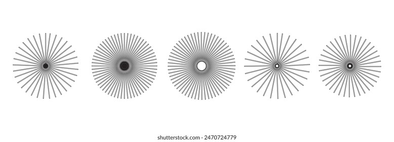 Radial circle lines. Circular radiating lines geometric element. Sun star rays symbol. Abstract geometric shapes. Design element. Vector illustration isolated on white background. radial circle lines.