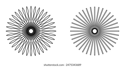 Líneas de círculo radial. Elemento geométrico de líneas radiantes circulares. Símbolo de los rayos solares. Formas geométricas Abstractas. Elemento de diseño. Ilustración vectorial. Archivo Eps 163.