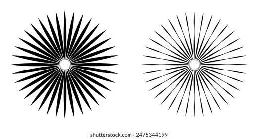 Líneas de círculo radial. Elemento geométrico de líneas radiantes circulares. Símbolo de los rayos solares. Formas geométricas Abstractas. Elemento de diseño. Ilustración vectorial. Archivo Eps 161.