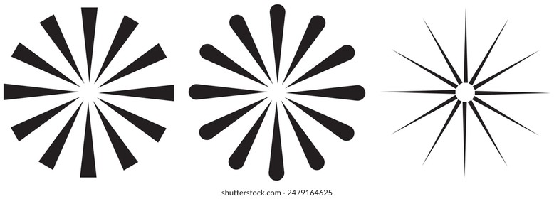 Radial circle lines. Circular radiating lines geometric element. Sun star rays symbol. Abstract geometric shapes. Design element. Vector illustration isolated on white background.