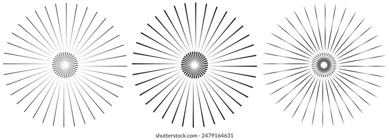 Radiale Kreislinien. Geometrisches Element mit kreisförmigen Abstrahlungslinien. Symbol für Sonnenstrahlen. Abstrakte geometrische Formen. Designelement. Vektorillustration isoliert auf weißem Hintergrund.