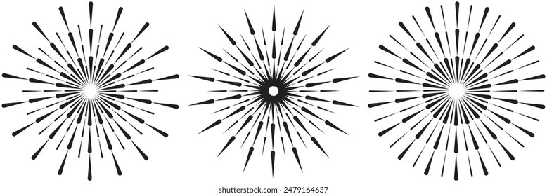 Líneas de círculo radial. Elemento geométrico de líneas radiantes circulares. Símbolo de los rayos solares. Formas geométricas Abstractas. Elemento de diseño. Ilustración vectorial aislada sobre fondo blanco.