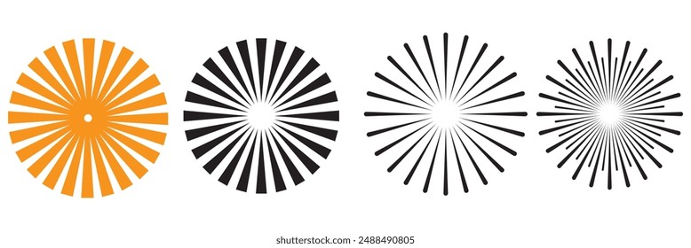 Líneas de círculo radial. Elemento geométrico de líneas radiantes circulares. Símbolo de los rayos solares. Formas geométricas Abstractas. Elemento de diseño. Ilustración vectorial aislada sobre fondo blanco.