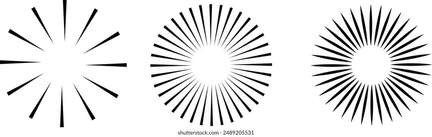 Radial circle lines. Circular radiating lines geometric element. Sun star rays symbol. Abstract geometric shapes. Design element. Vector illustration isolated on white background.