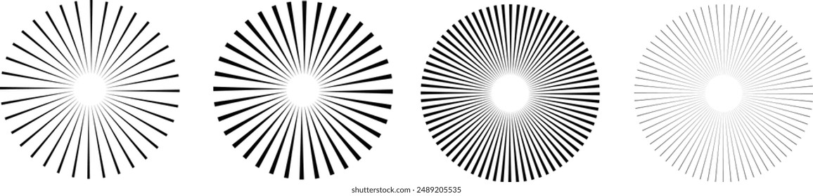 Líneas de círculo radial. Elemento geométrico de líneas radiantes circulares. Símbolo de los rayos solares. Formas geométricas Abstractas. Elemento de diseño. Ilustración vectorial aislada sobre fondo blanco.