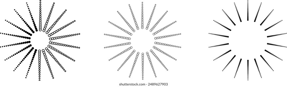 Radial circle lines. Circular radiating lines geometric element. Sun star rays symbol. Abstract geometric shapes. Design element. Vector illustration isolated on white background.