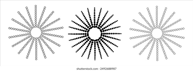 Radial circle lines. Circular radiating lines geometric element. Sun star rays symbol. Abstract geometric shapes. Design element. Vector illustration isolated on white background.