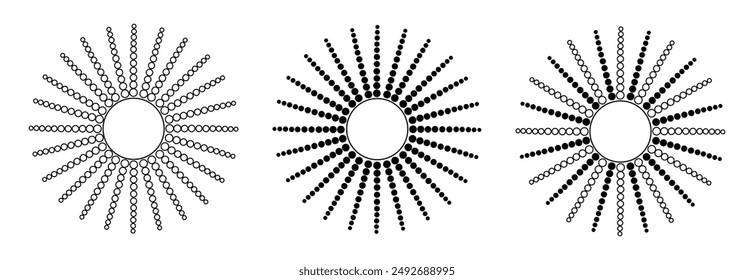 Radial circle lines. Circular radiating lines geometric element. Sun star rays symbol. Abstract geometric shapes. Design element. Vector illustration isolated on white background.