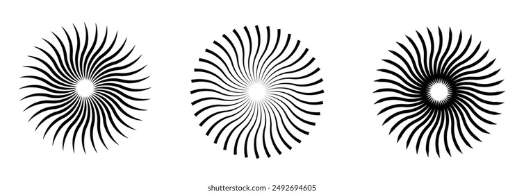 Líneas de círculo radial. Elemento geométrico de líneas radiantes circulares. Símbolo de los rayos solares. Formas geométricas Abstractas. Elemento de diseño. Ilustración vectorial aislada sobre fondo blanco.