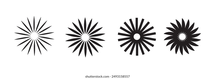 Radial circle lines. Circular radiating lines geometric element. Sun star rays symbol. Abstract geometric shapes. Design element. Vector illustration isolated on white background.