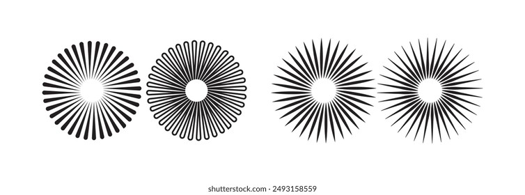 Líneas de círculo radial. Elemento geométrico de líneas radiantes circulares. Símbolo de los rayos solares. Formas geométricas Abstractas. Elemento de diseño. Ilustración vectorial aislada sobre fondo blanco.